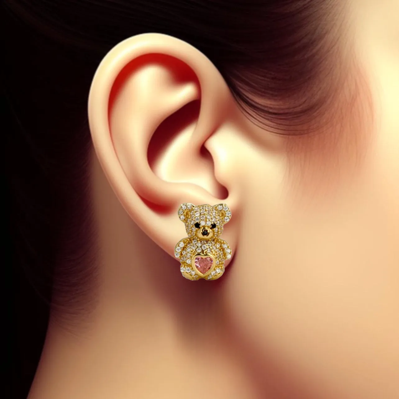 14k yellow gold big rose Teddy bear earrings