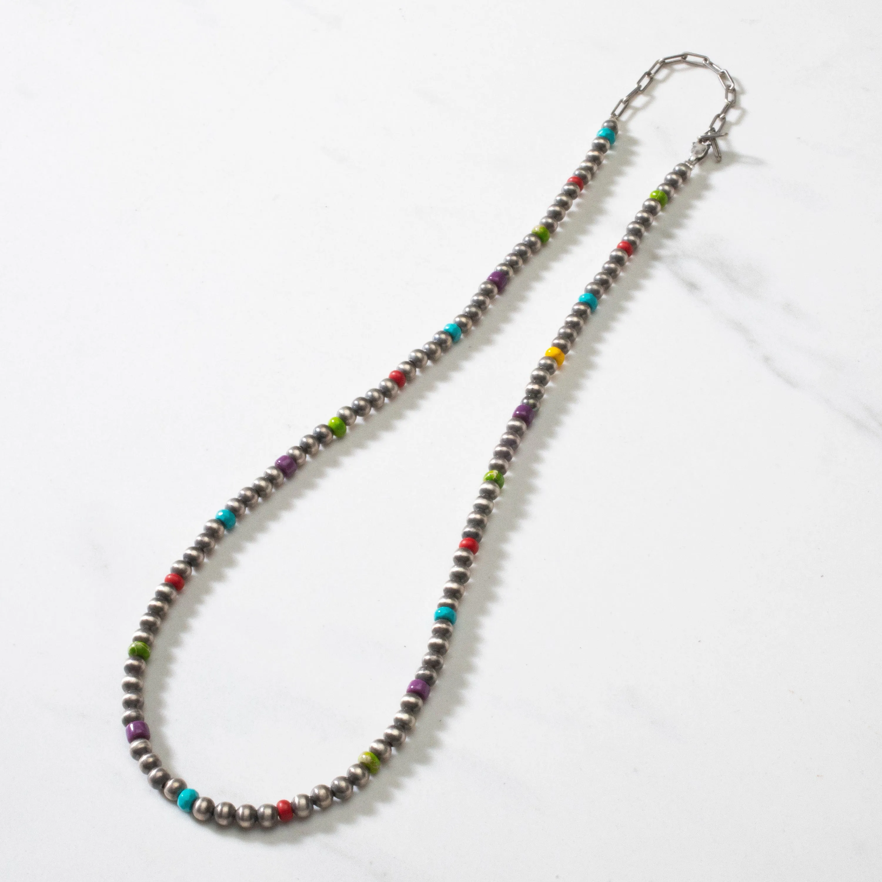 16 Single Strand 4mm Navajo Pearl & Multi Gem USA Native American Made 925 Sterling Silver Necklace