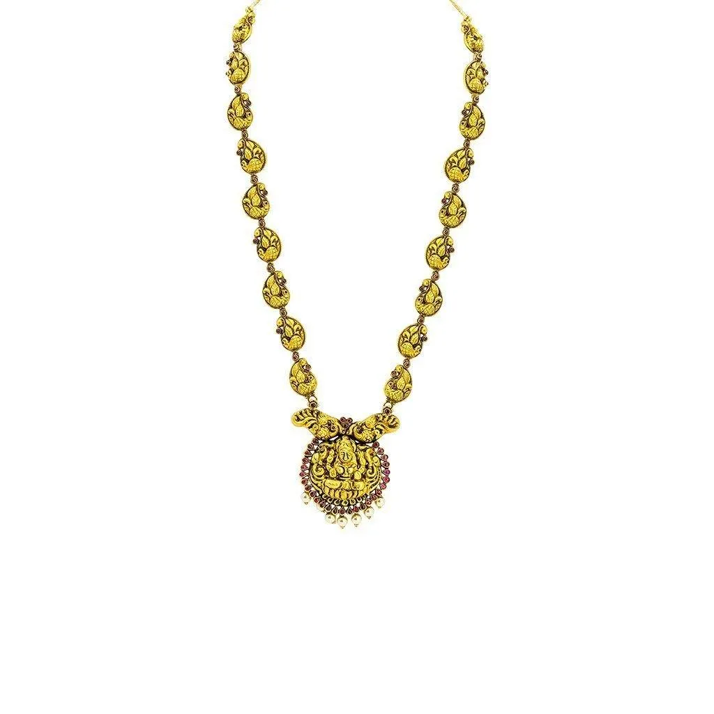 22K Yellow Gold Antique Temple Necklace W/ Ruby, Hanging Pearls & Mango Shaped Peacock Accents