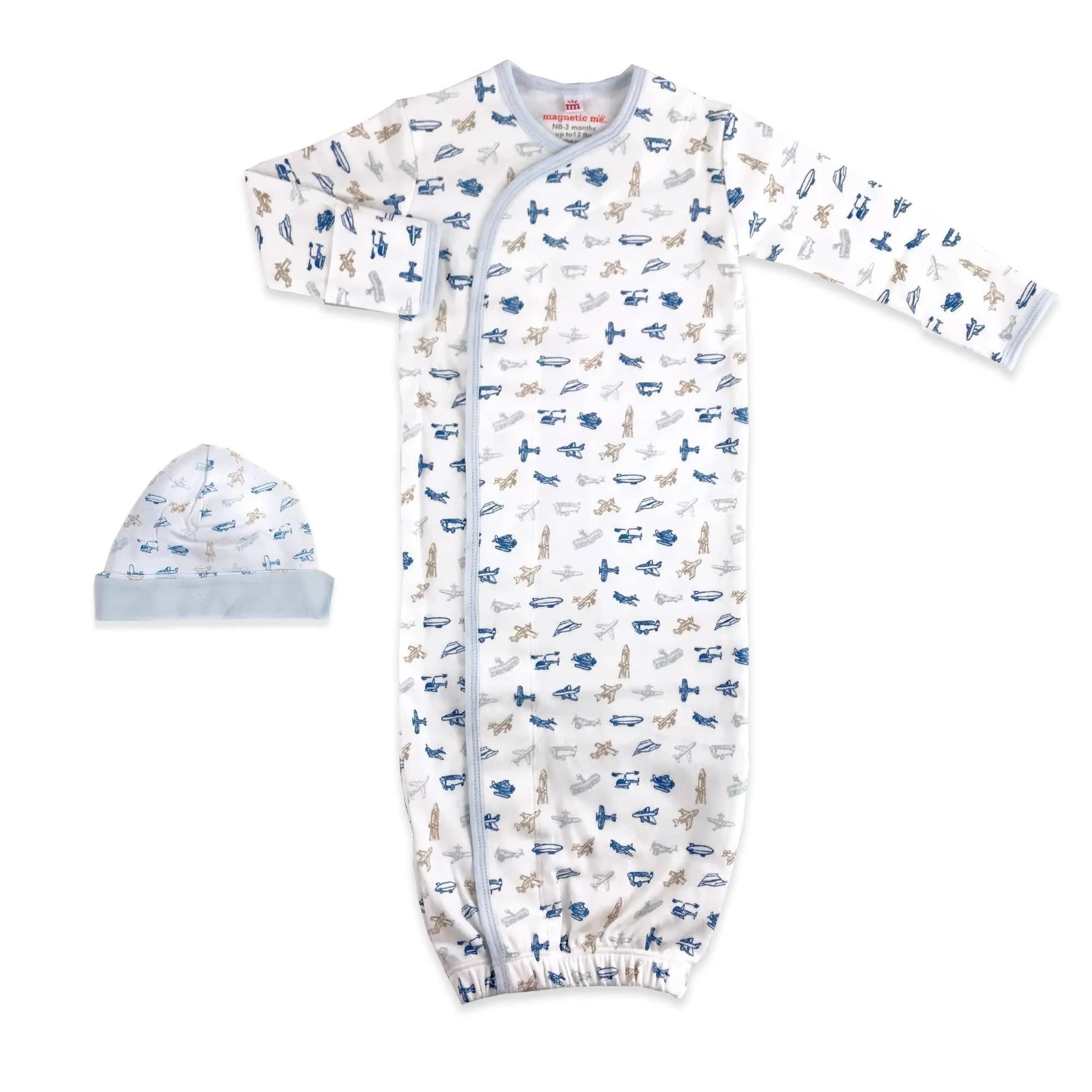 airplanes organic cotton magnetic open bottom gown   hat set