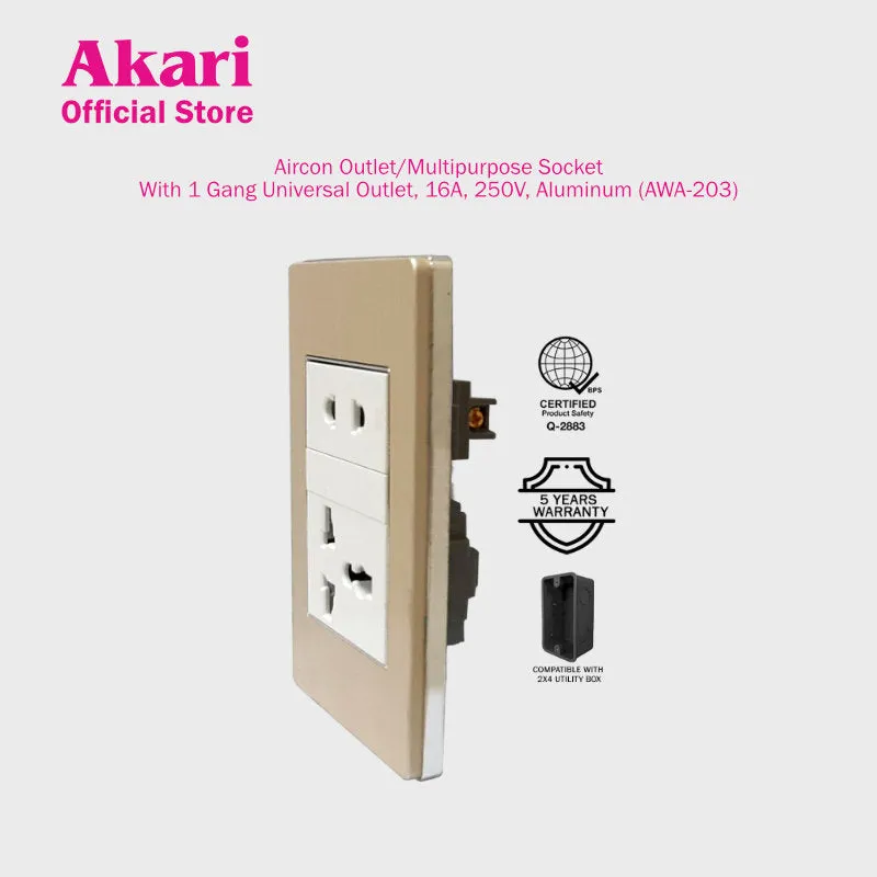 Akari Aircon Outlet/Multipurpose Socket with 1 Gang Universal Outlet - Aluminum (AWA-203)