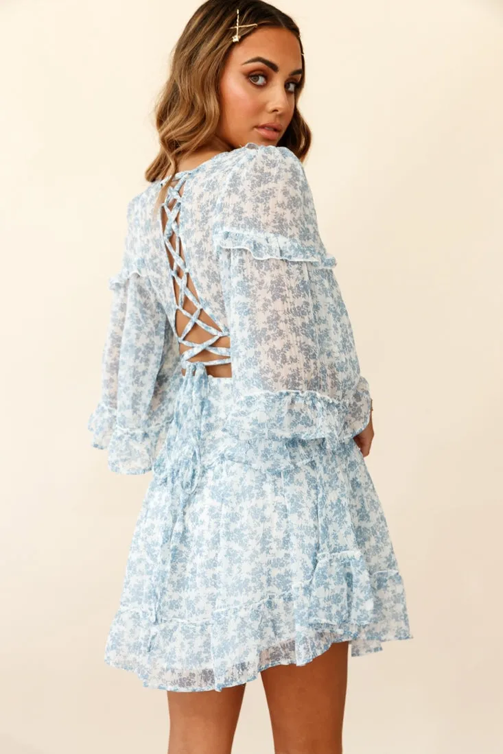 Albany Lace Up Back Frill Dress Floral Print Blue