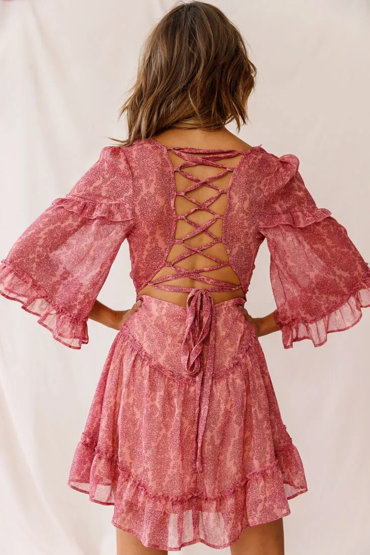 Albany Lace Up Back Frill Dress Pink