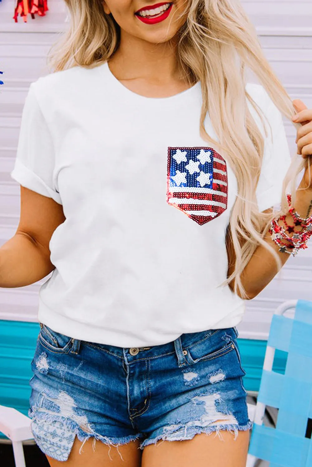 American Flag Sequin Pocket Patched T-Shirt