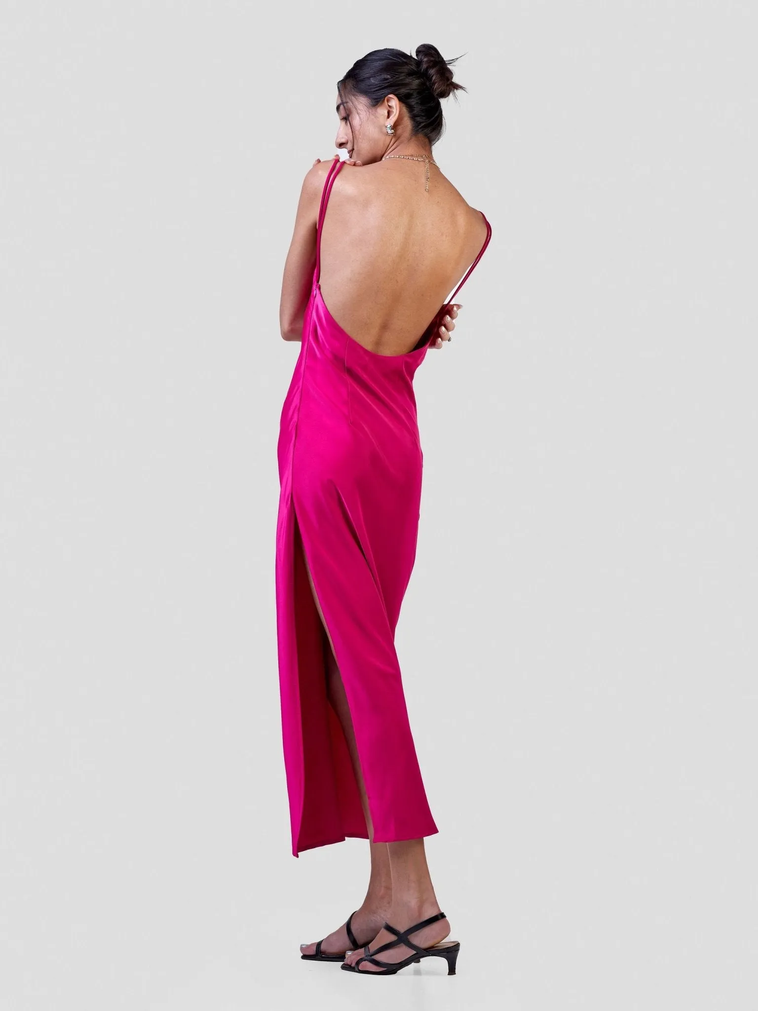 Anika Long Satin Double Strap Dress - Hot Pink