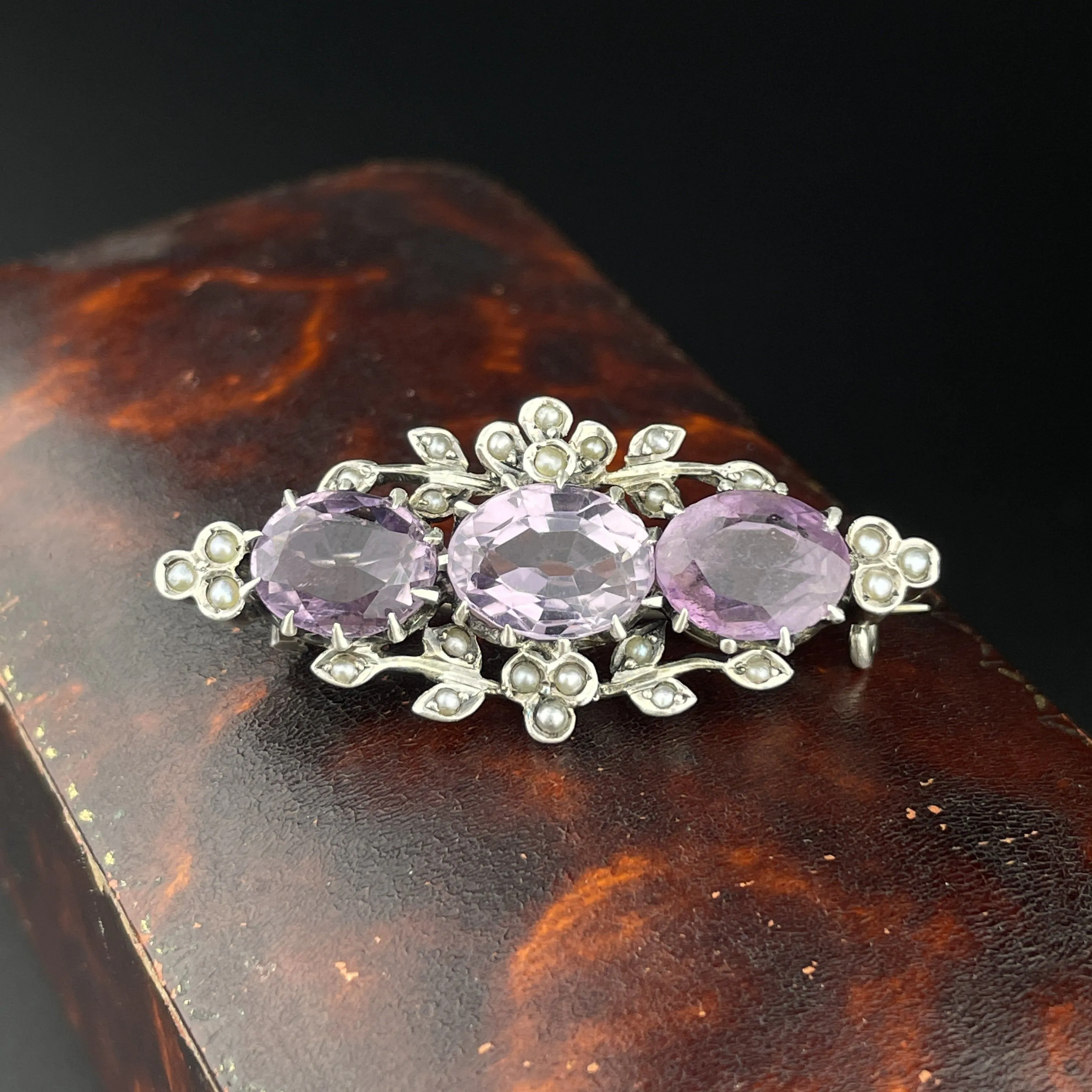 Antique Edwardian Silver Floral Seed Pearl Amethyst Brooch