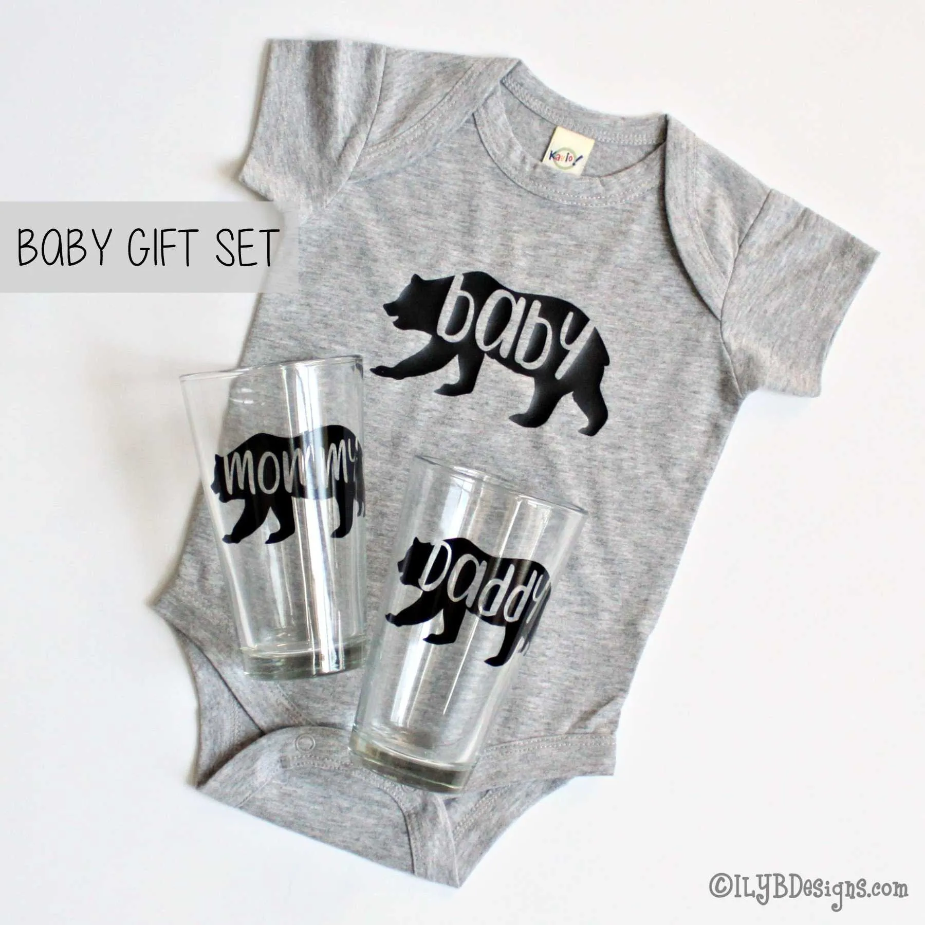 Baby Bear Baby Gift Set - Mommy Bear Daddy Bear Pint Glasses - Baby Bear Bodysuit