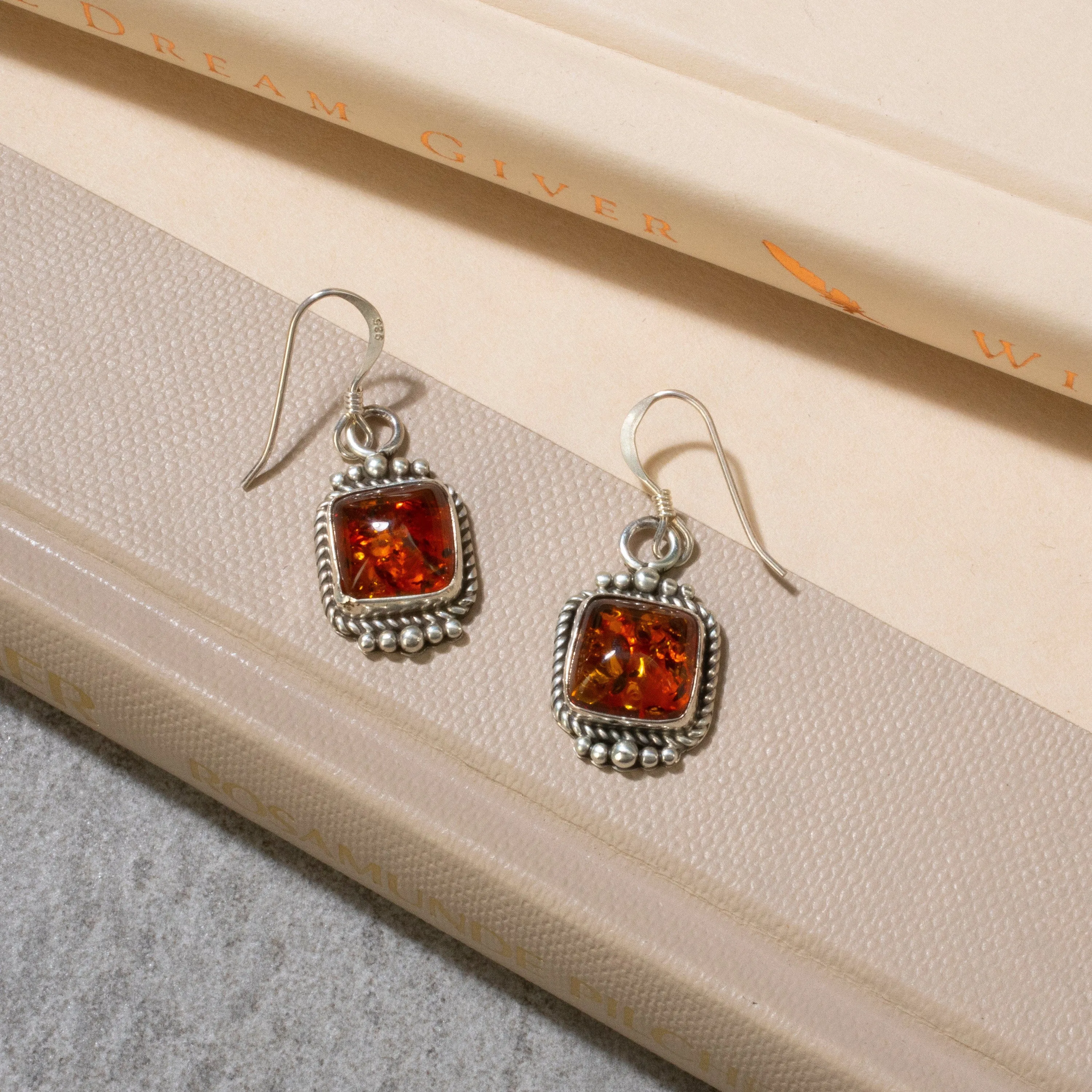 Baltic Amber Square Dangle Navajo USA Native American Made 925 Sterling Silver Earrings with French Hook