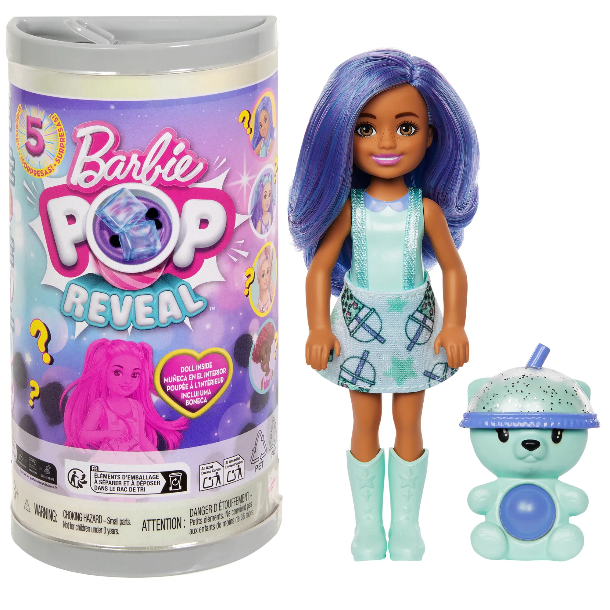 Barbie Chelsea Pop Reveal Bubble Tea Series Doll in Tea Can-inspired Package With 5 Surprises, Scented