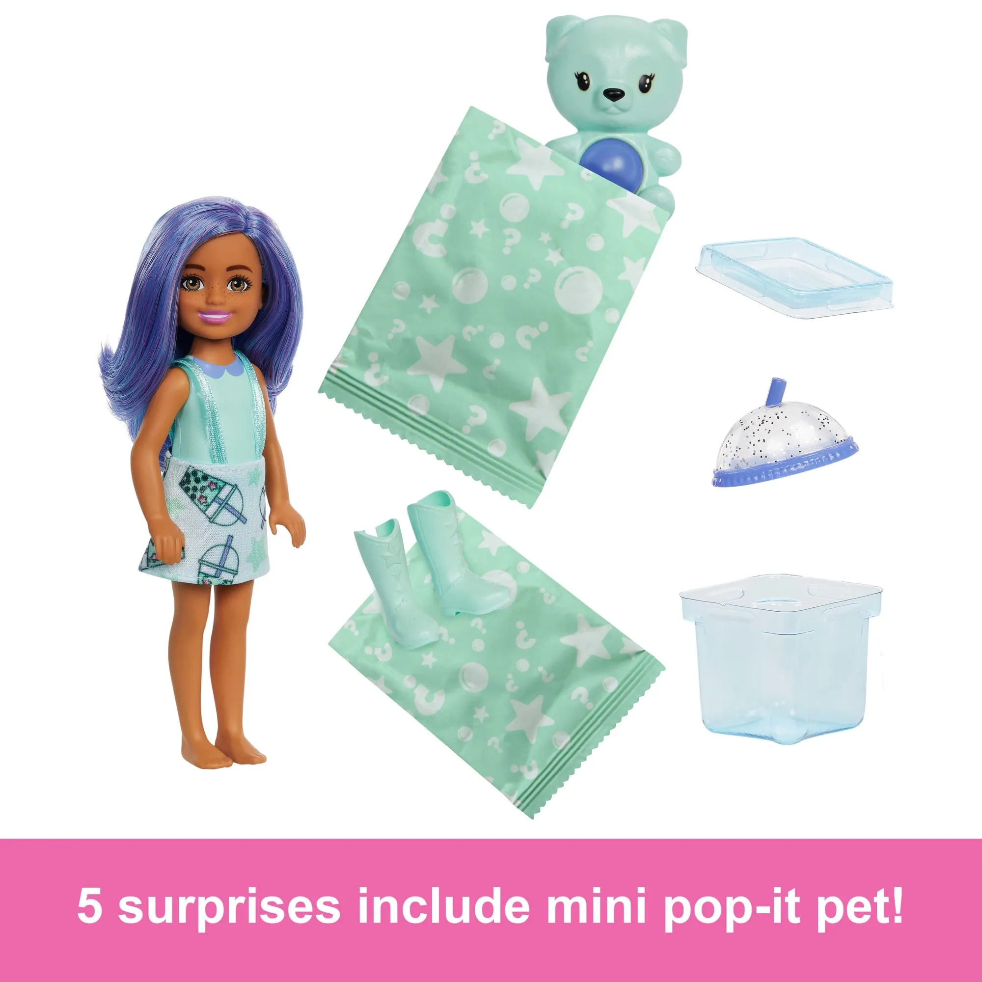 Barbie Chelsea Pop Reveal Bubble Tea Series Doll in Tea Can-inspired Package With 5 Surprises, Scented