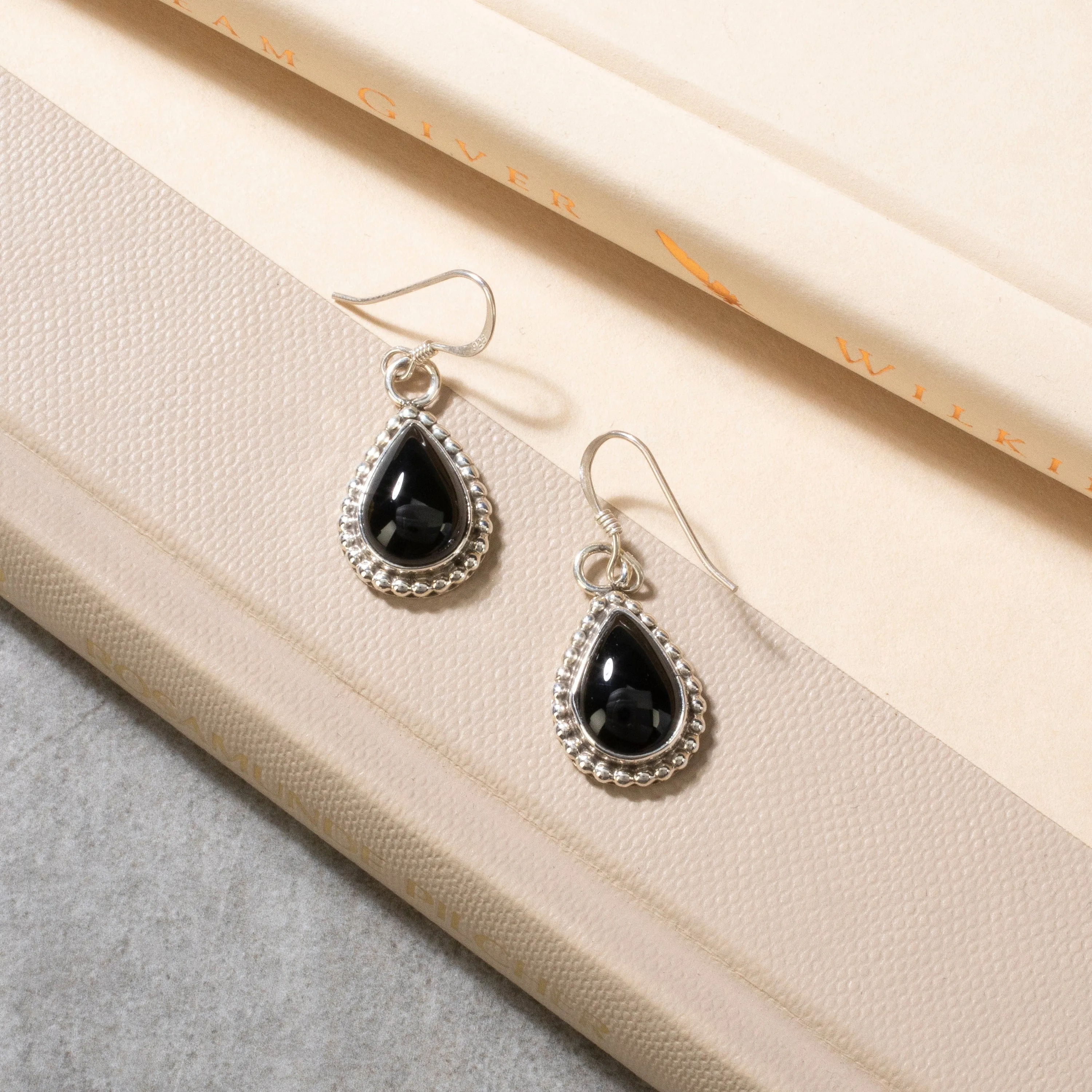 Black Onyx Teardrop Navajo USA Native American Made 925 Sterling Silver Earrings with French Hook