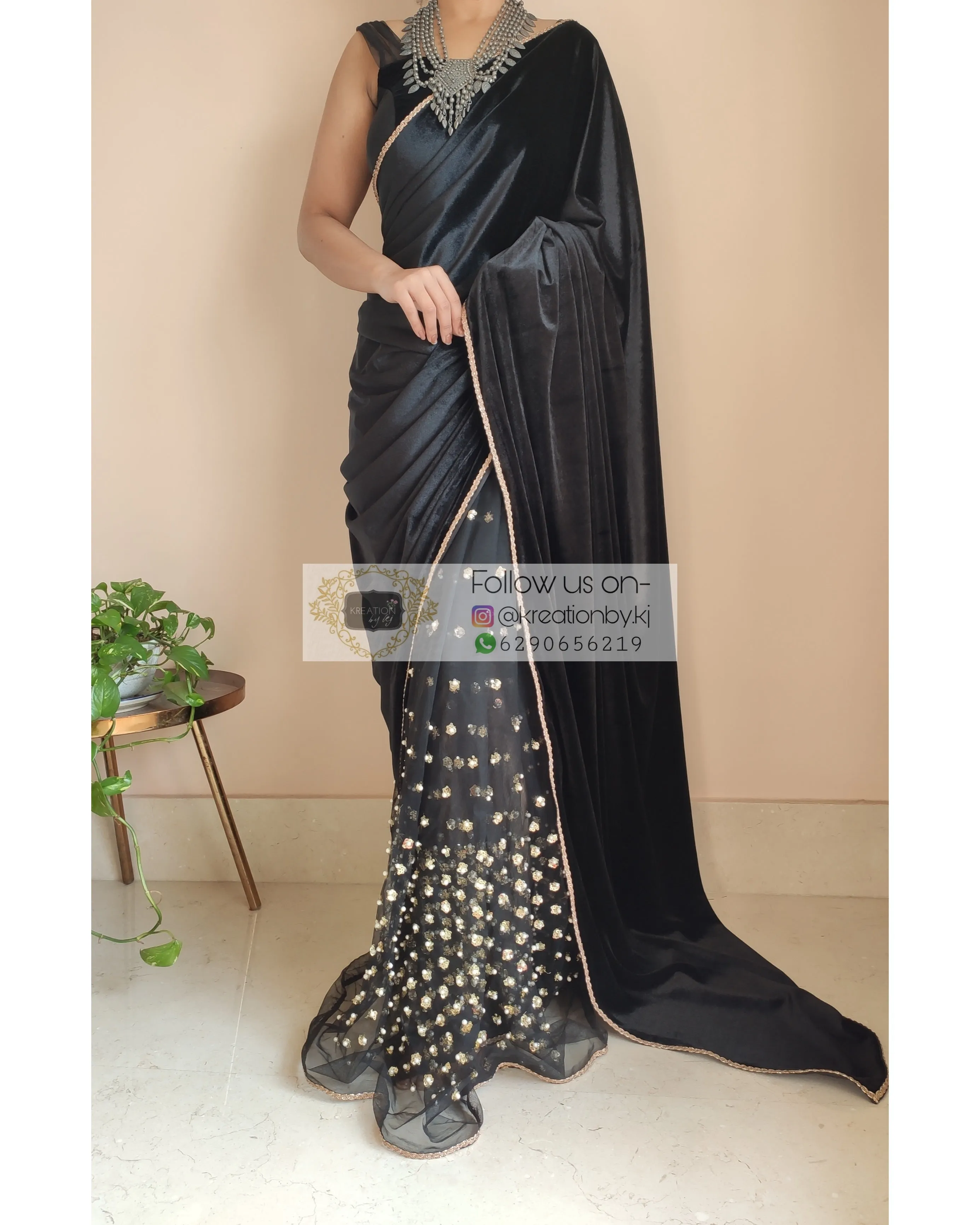 Black Velvet And Net Embellished Saree