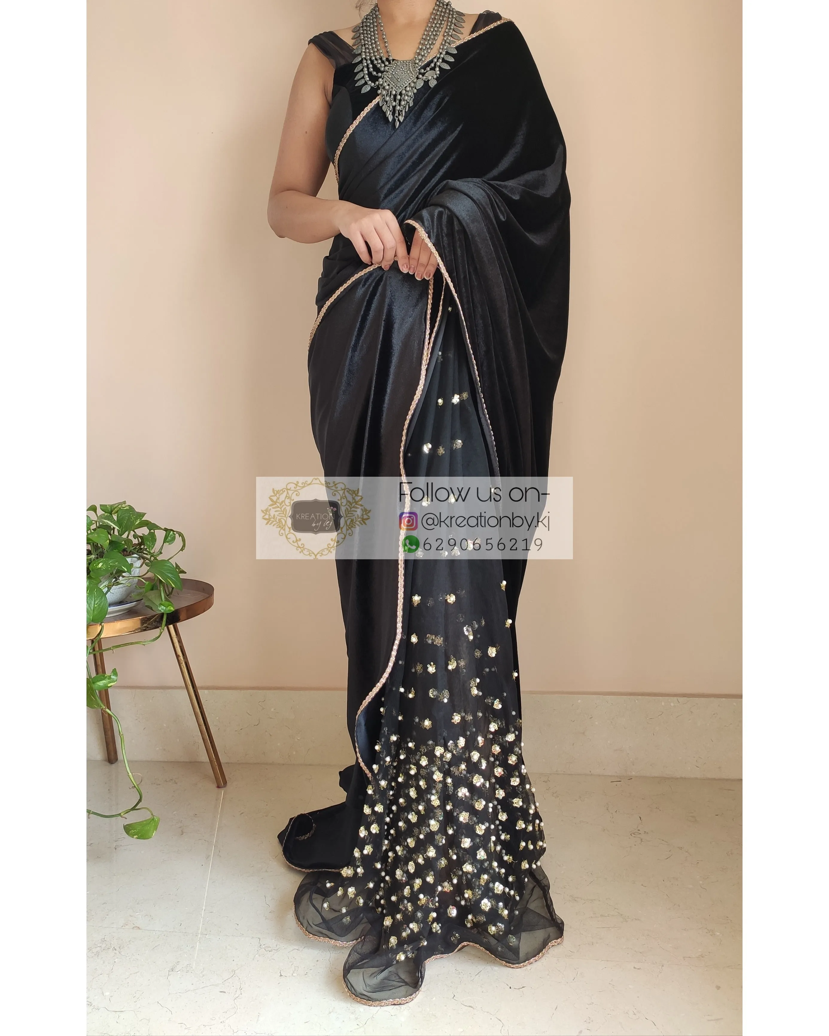 Black Velvet And Net Embellished Saree