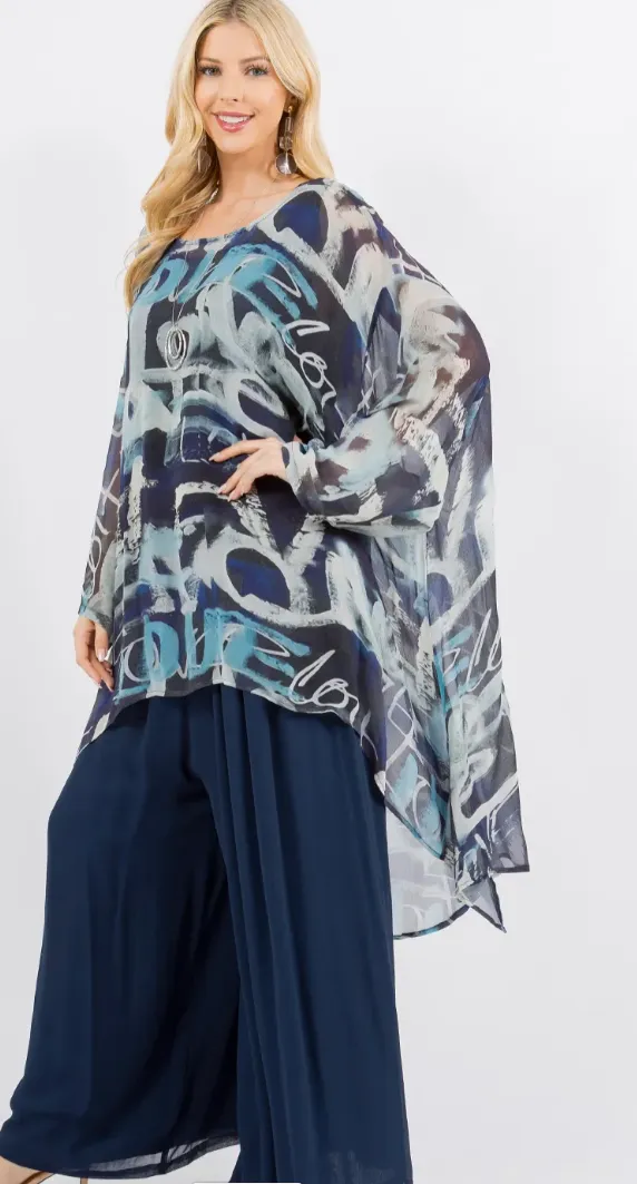 Blue Calms Me Mosaic hi-low Tunic Top Boho Hippie Chic Resort Wear Sml-10X