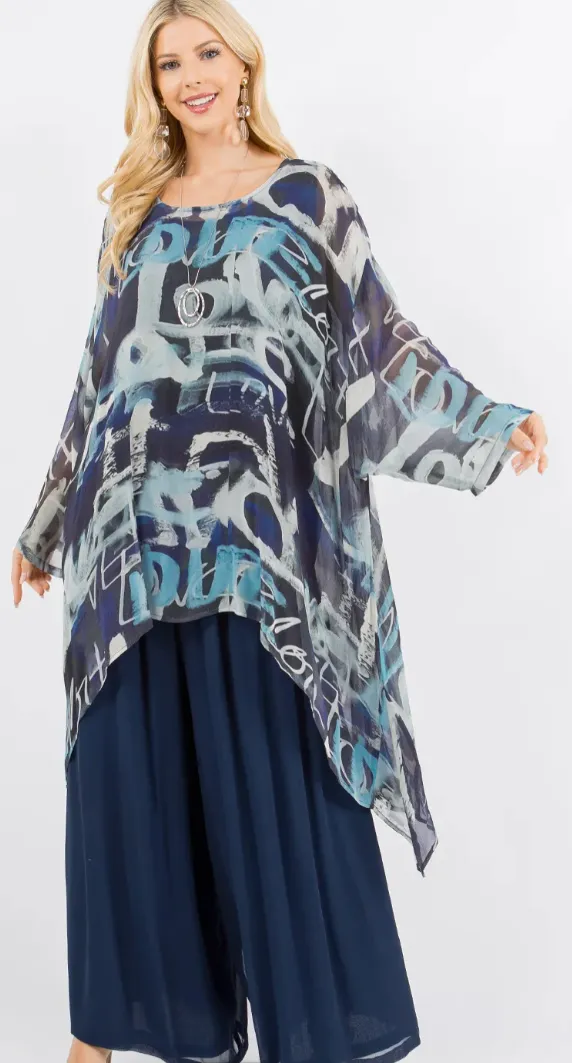 Blue Calms Me Mosaic hi-low Tunic Top Boho Hippie Chic Resort Wear Sml-10X