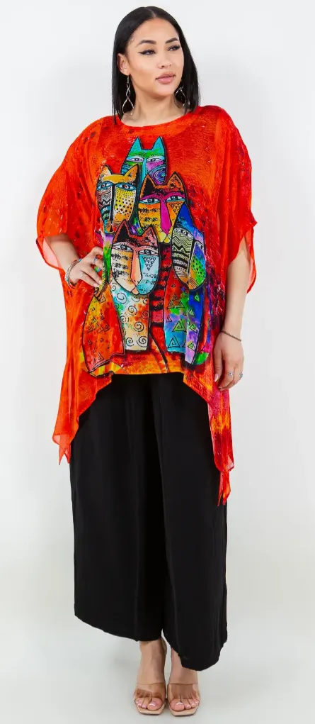 Cats Meow Oversize Tunic Top Lagenlook Boho Hippie Chic SML-6X 