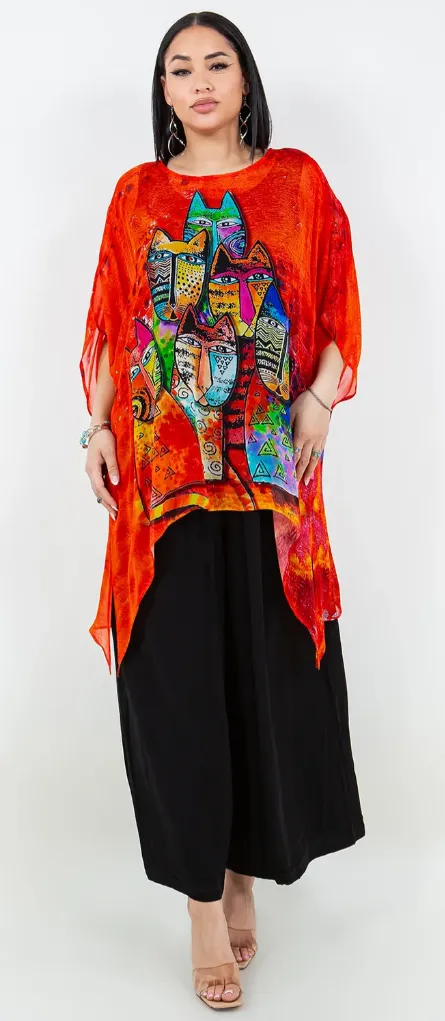 Cats Meow Oversize Tunic Top Lagenlook Boho Hippie Chic SML-6X 