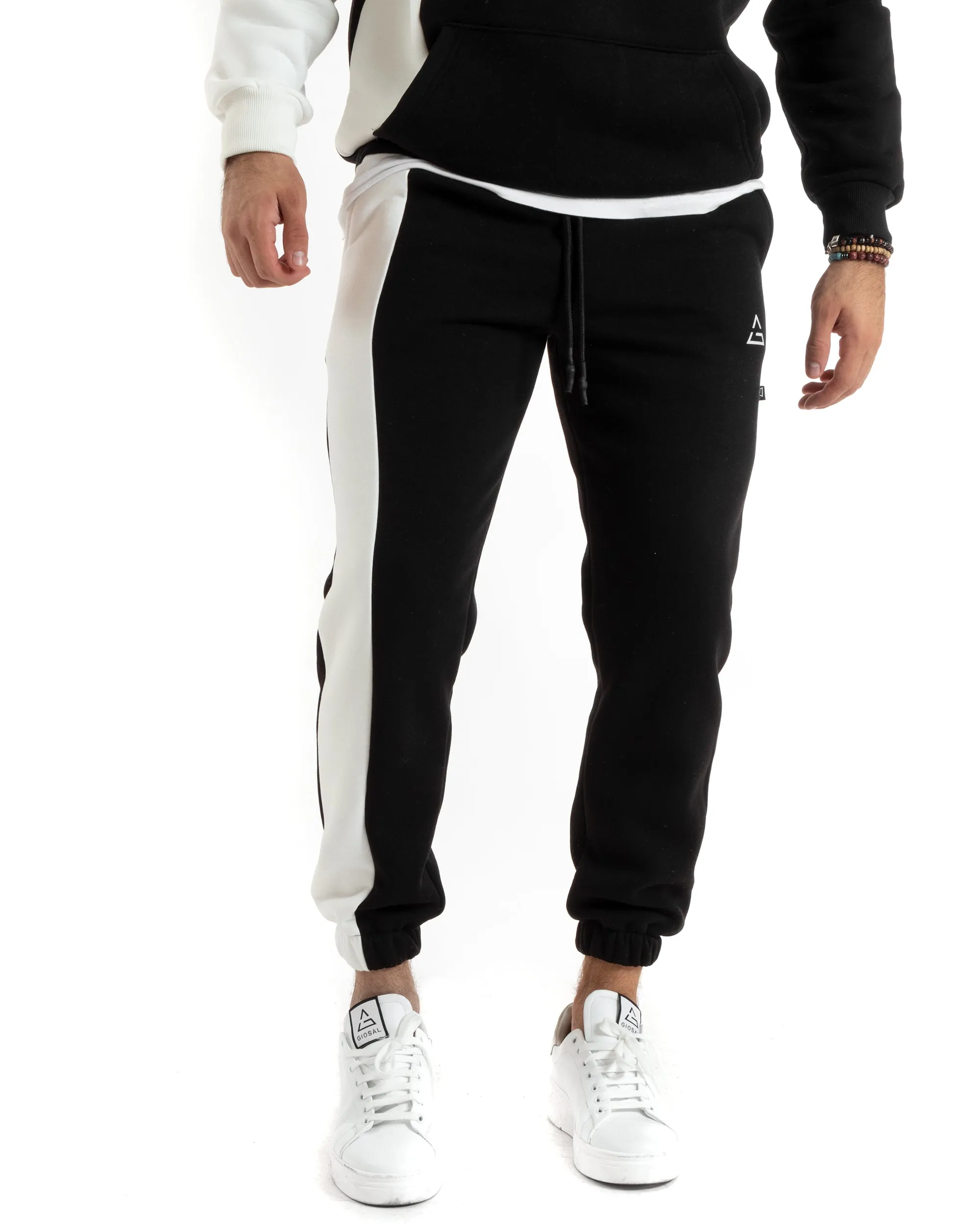 Completo Tuta Uomo Basic Felpa Con Cappuccio Pantaloni Cotone Felpato Tinta Unita Bicolore Nero GIOSAL-OU2421A