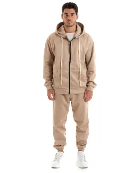 Completo Tuta Uomo Camoscio Felpa con Cappuccio e Zip Pantaloni con Coulisse Beige GIOSAL-OU2395A