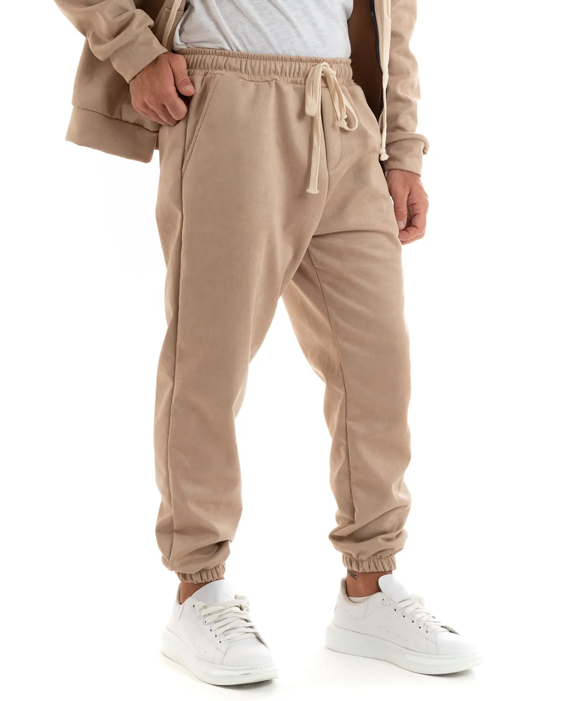 Completo Tuta Uomo Camoscio Felpa con Cappuccio e Zip Pantaloni con Coulisse Beige GIOSAL-OU2395A