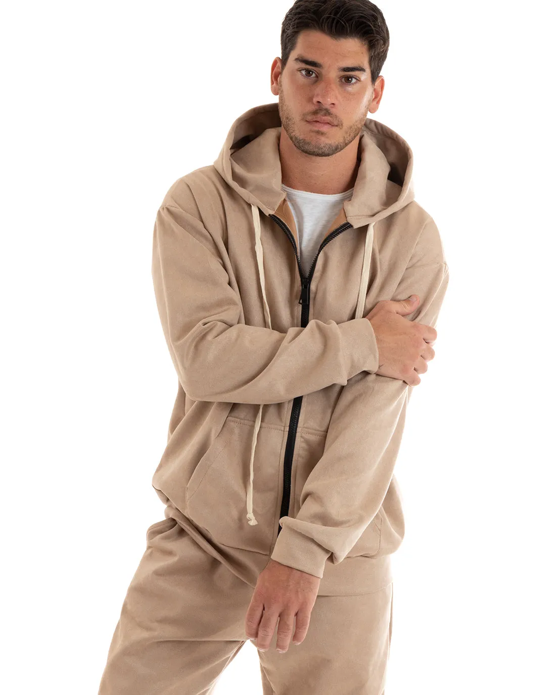 Completo Tuta Uomo Camoscio Felpa con Cappuccio e Zip Pantaloni con Coulisse Beige GIOSAL-OU2395A