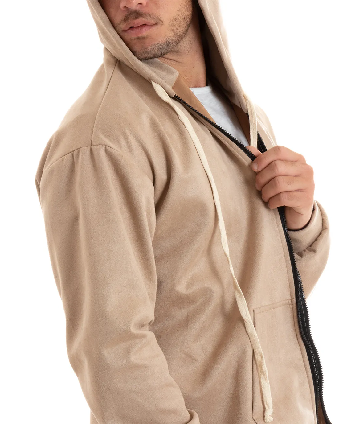 Completo Tuta Uomo Camoscio Felpa con Cappuccio e Zip Pantaloni con Coulisse Beige GIOSAL-OU2395A