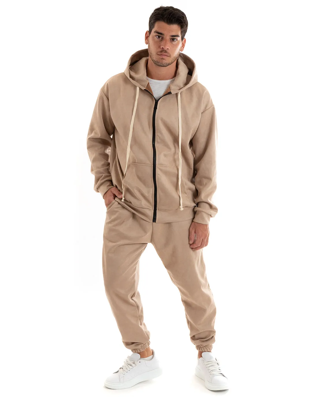 Completo Tuta Uomo Camoscio Felpa con Cappuccio e Zip Pantaloni con Coulisse Beige GIOSAL-OU2395A