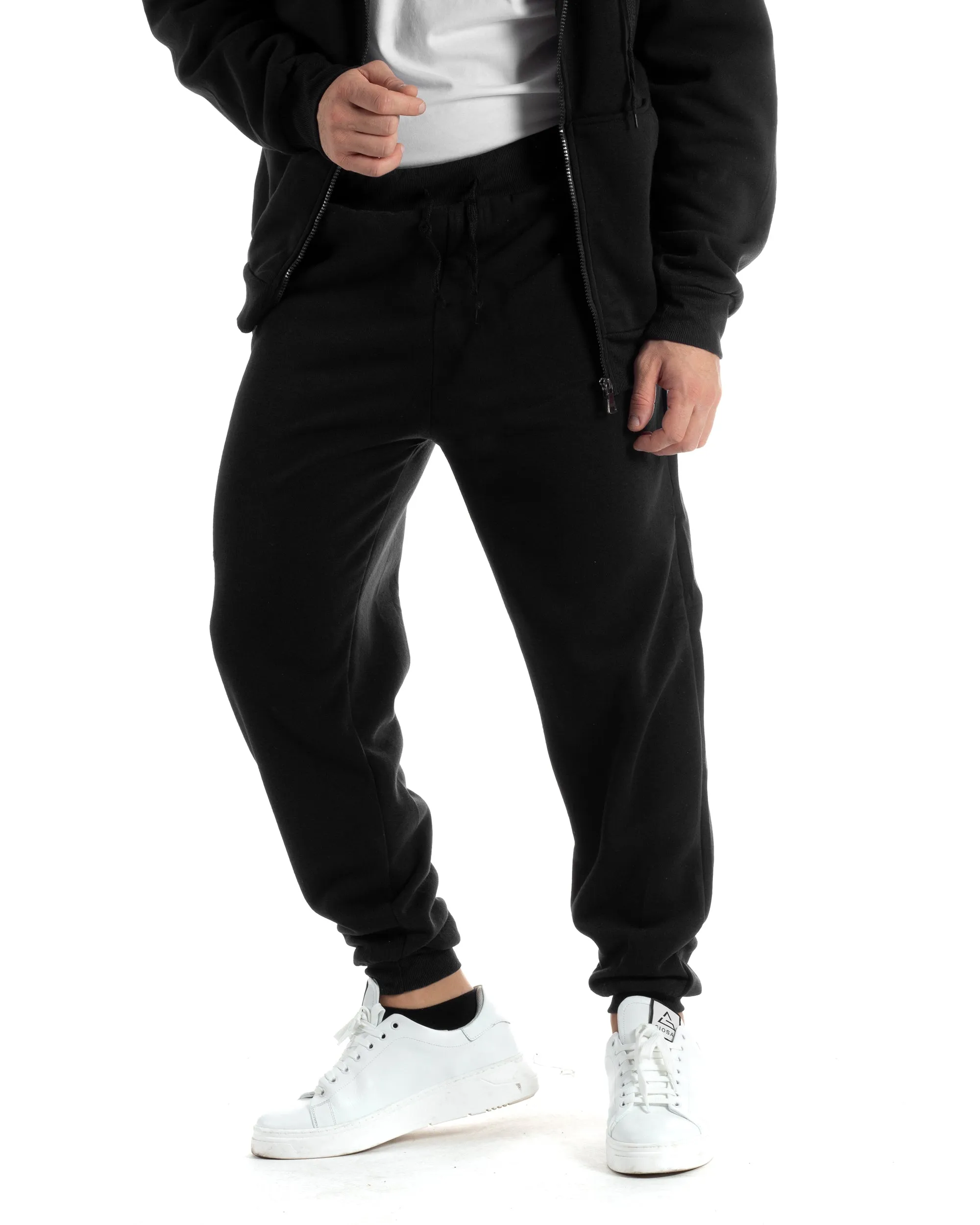 Completo Tuta Uomo Felpato Basic Felpa Con Cappuccio Zip Pantalaccio Tinta Unita Nero GIOSAL-OU2439A