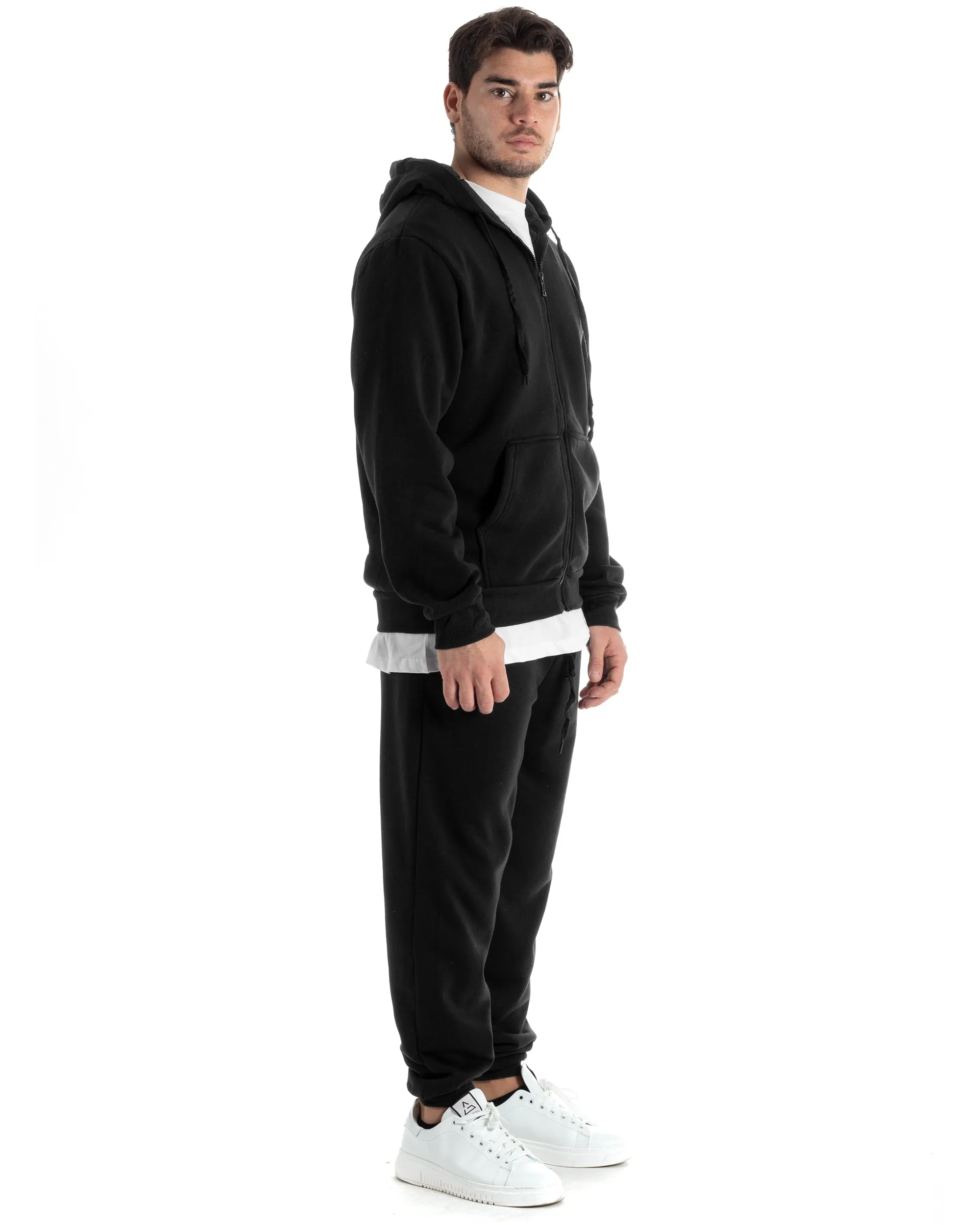 Completo Tuta Uomo Felpato Basic Felpa Con Cappuccio Zip Pantalaccio Tinta Unita Nero GIOSAL-OU2439A