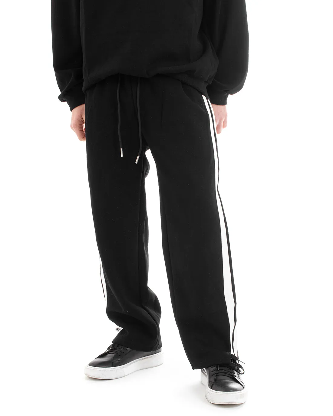 Completo Tuta Uomo Oversize Basic Felpa Girocollo Pantaloni Cotone Relaxed Fit Nero GIOSAL-OU2235A