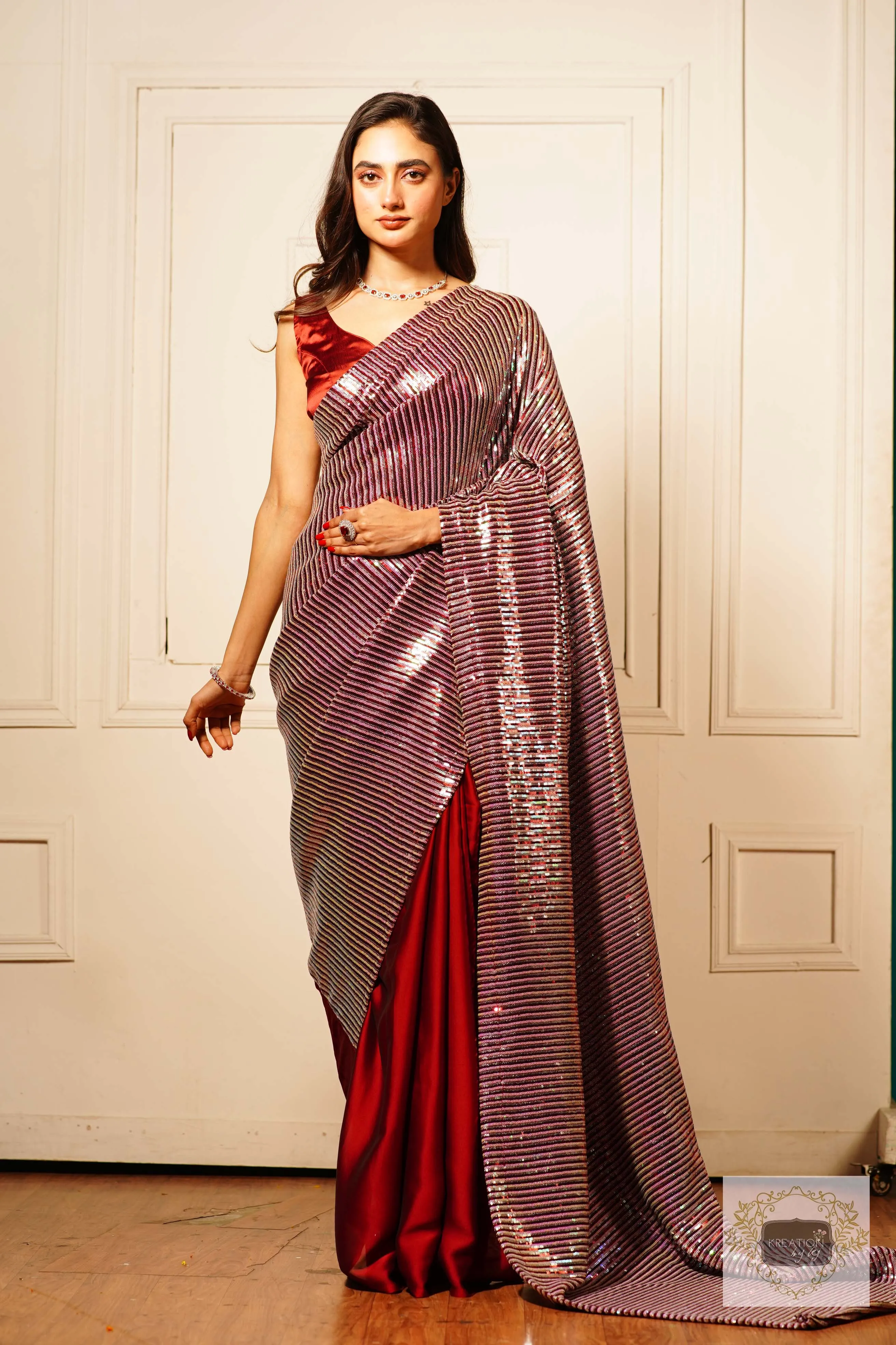 Dazzle Maroon Sequins Half Saree