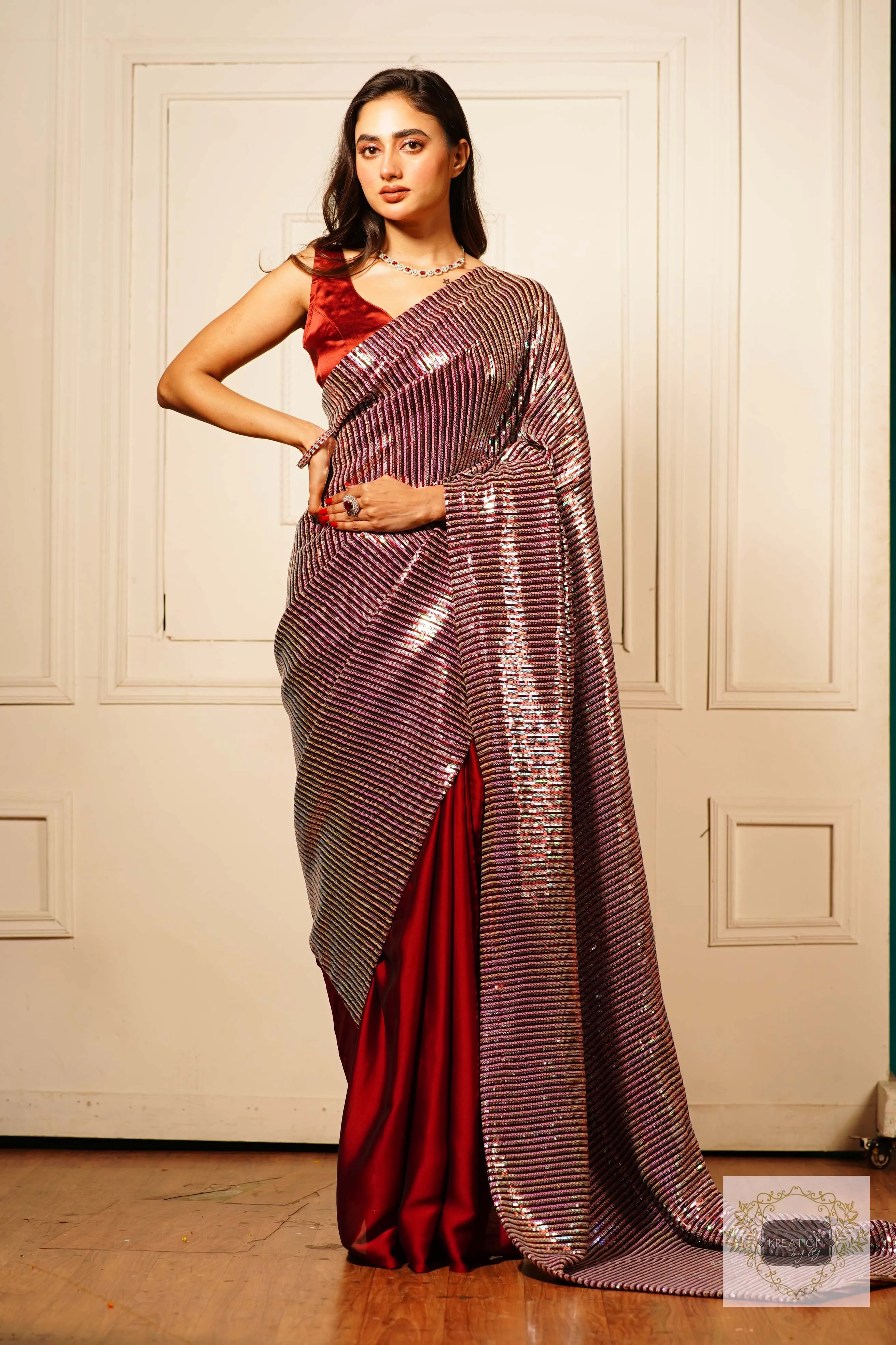 Dazzle Maroon Sequins Half Saree