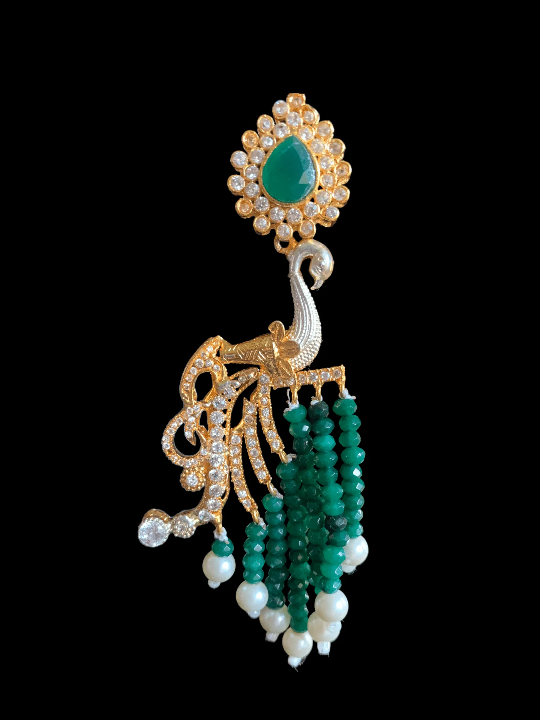 DER258 Pearl peacock earrings with green beads ( SHIPS IN 4 WEEKS )