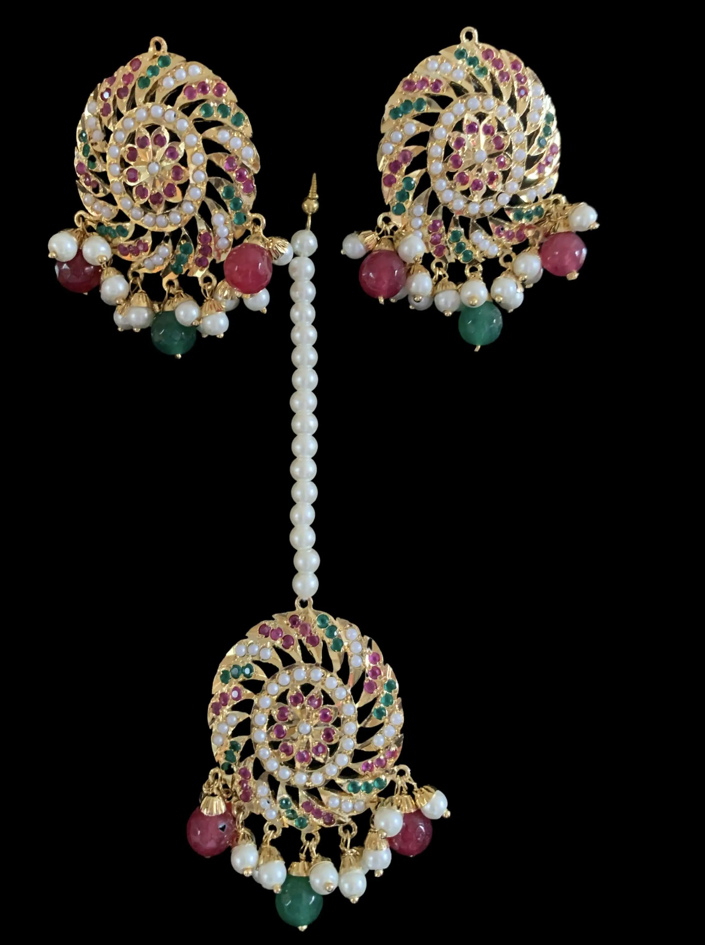 DJET18 Raabya punjabi Jadau earrings tika(Ruby emerald ) ( SHIPS IN 4 WEEKS )