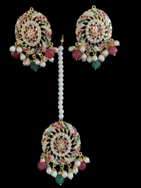 DJET18 Raabya punjabi Jadau earrings tika(Ruby emerald ) ( SHIPS IN 4 WEEKS )