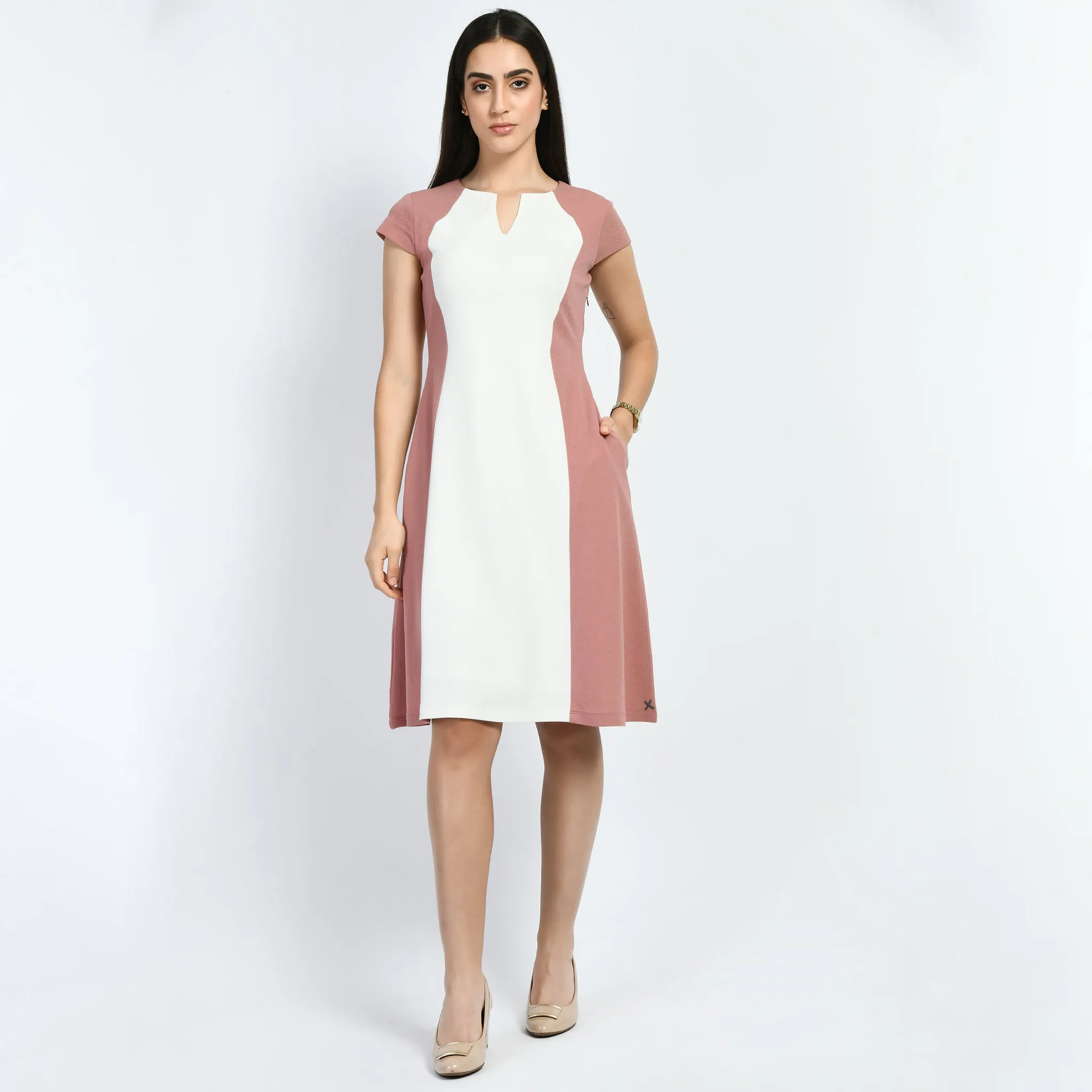 Exude Awe Colour-blocked Sculpt A-line Dress (Cherry Pink)