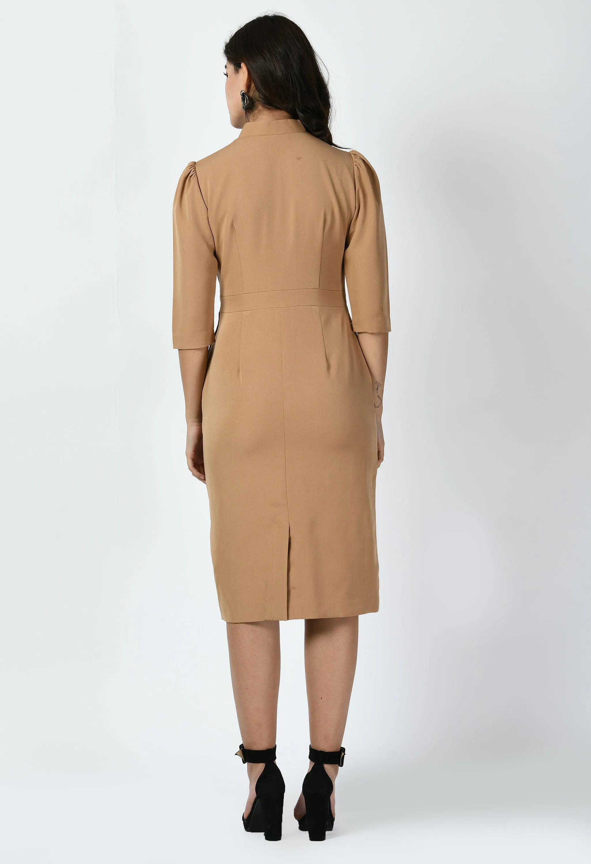 Exude Grace Puff Sleeves Sheath Dress (Beige)