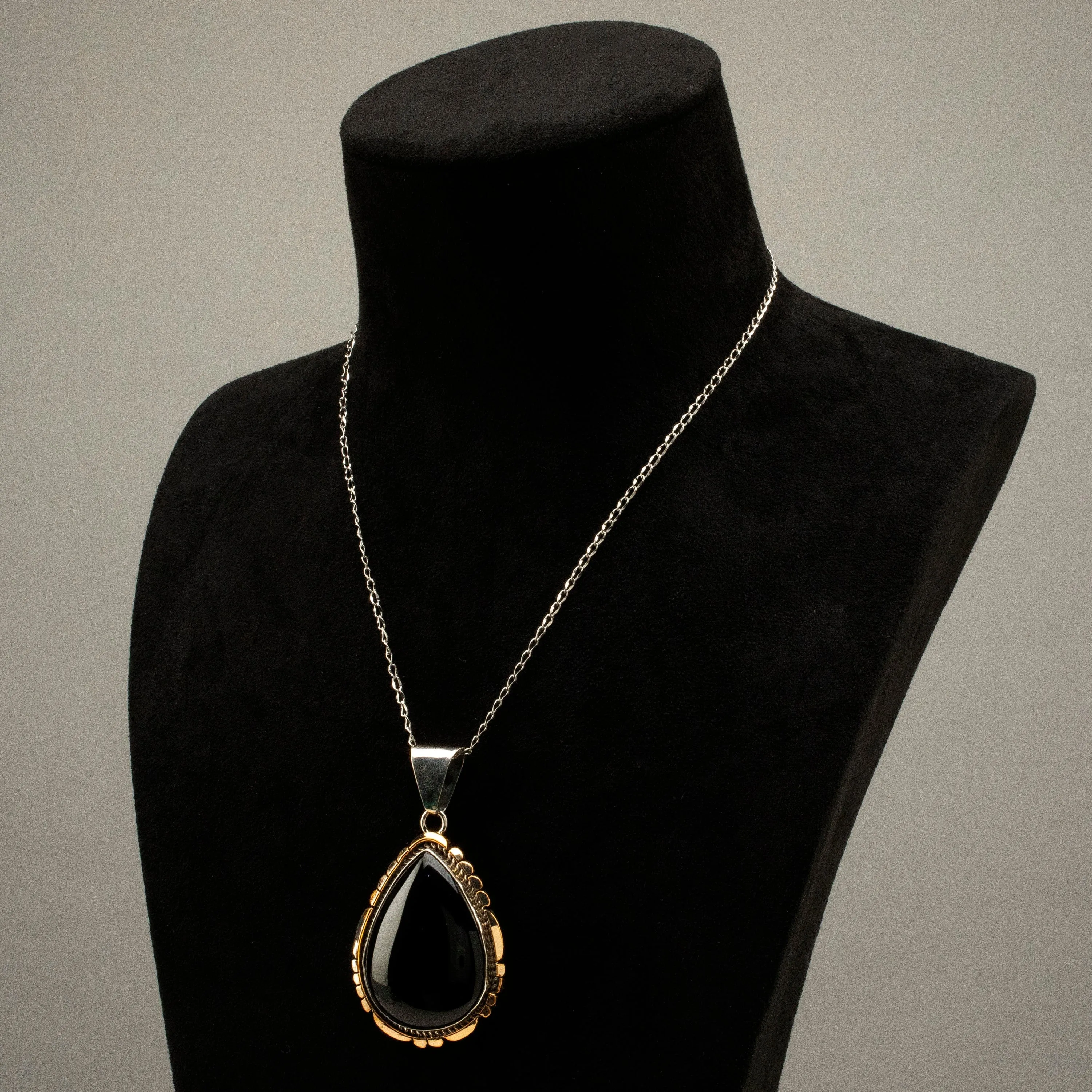 G. Long Navajo Black Onyx Teardrop Navajo USA Native American Made 925 Sterling Silver & 12K Gold Filled Pendant