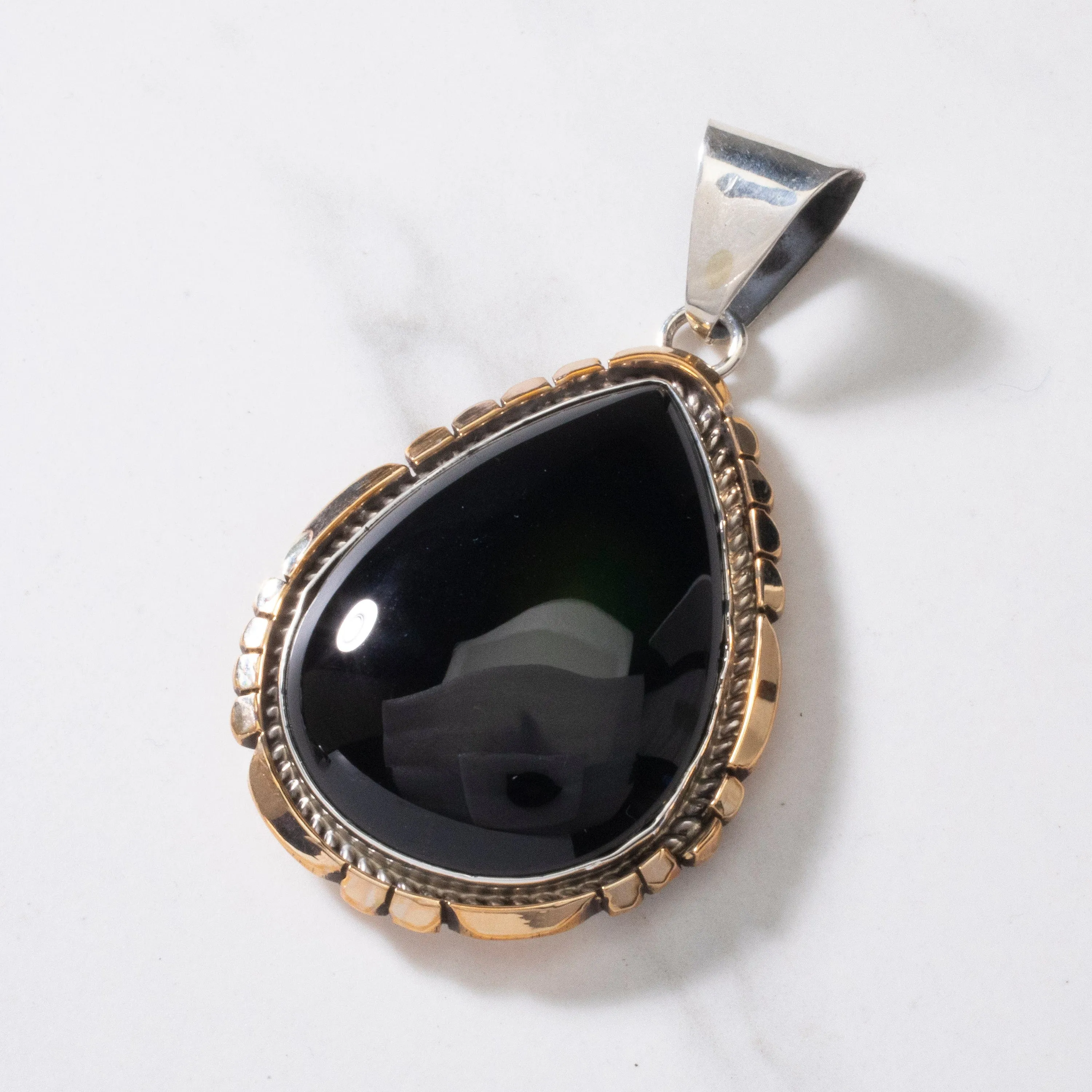 G. Long Navajo Black Onyx Teardrop Navajo USA Native American Made 925 Sterling Silver & 12K Gold Filled Pendant