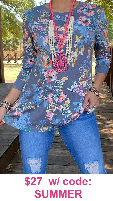 Grey Floral Long Sleeve Top