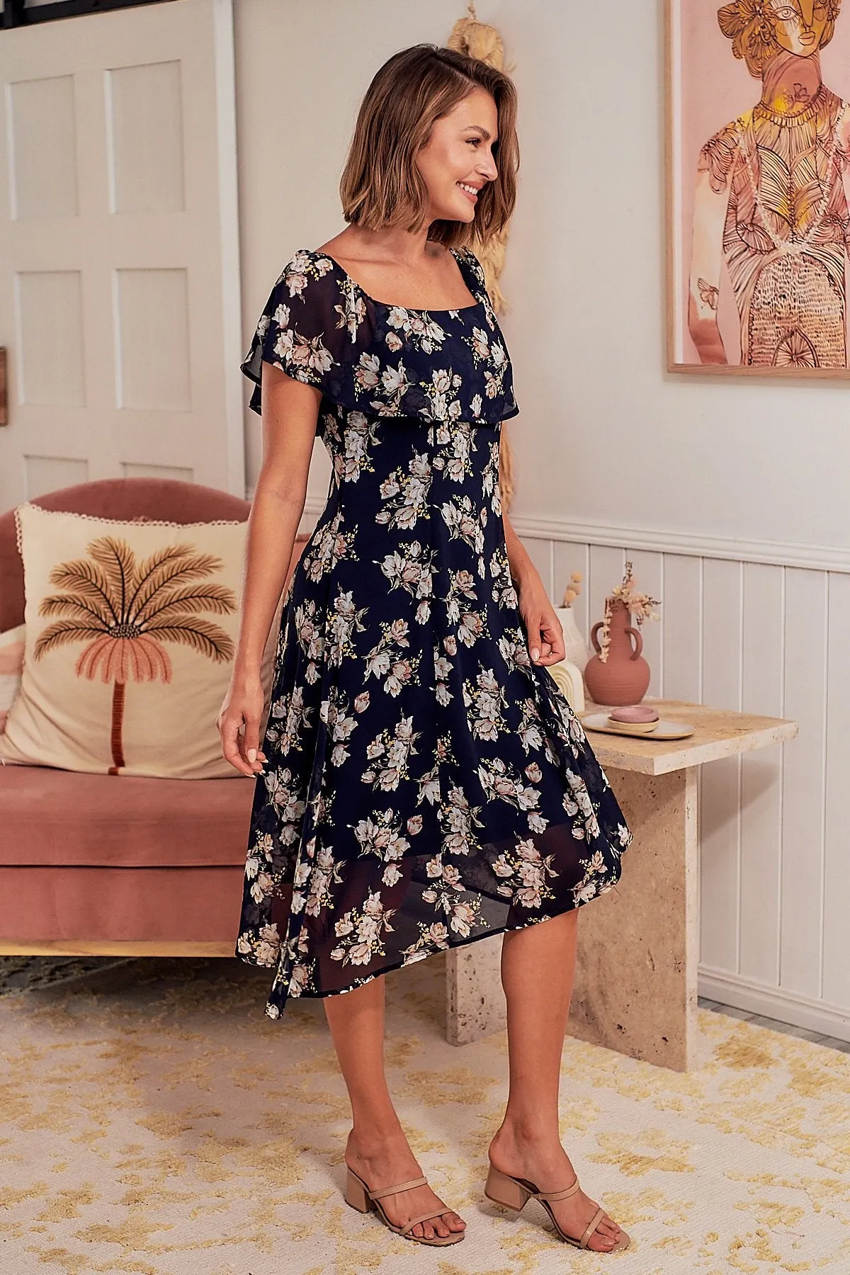 Honey Chiffon Navy Floral Dress