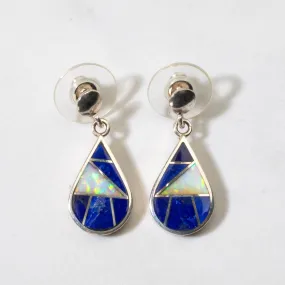 Lapis & Opal Teardrop Navajo USA Native American Made 925 Sterling Silver Earrings with Stud Backing