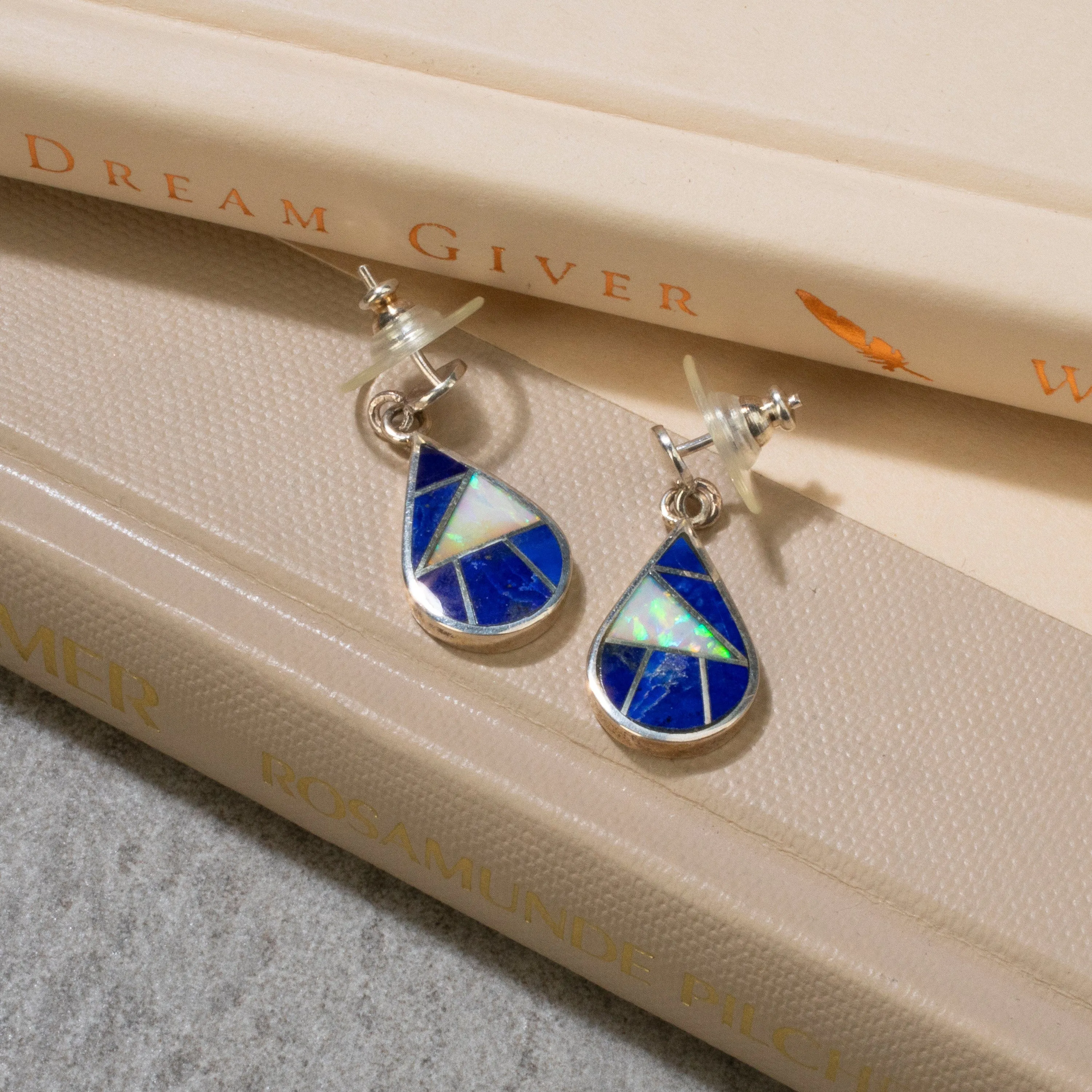 Lapis & Opal Teardrop Navajo USA Native American Made 925 Sterling Silver Earrings with Stud Backing