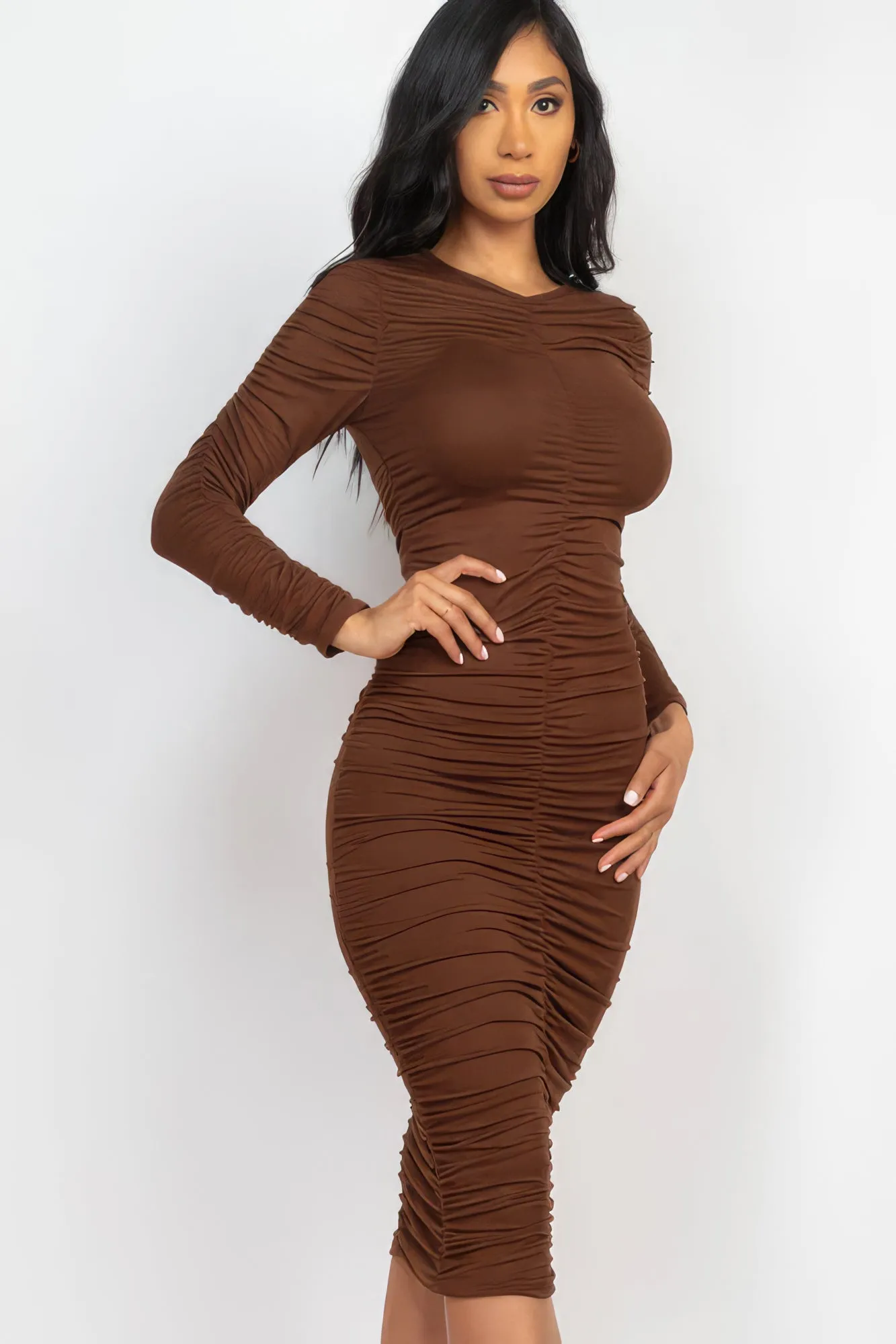 Long Sleeve Ruched Midi Dress