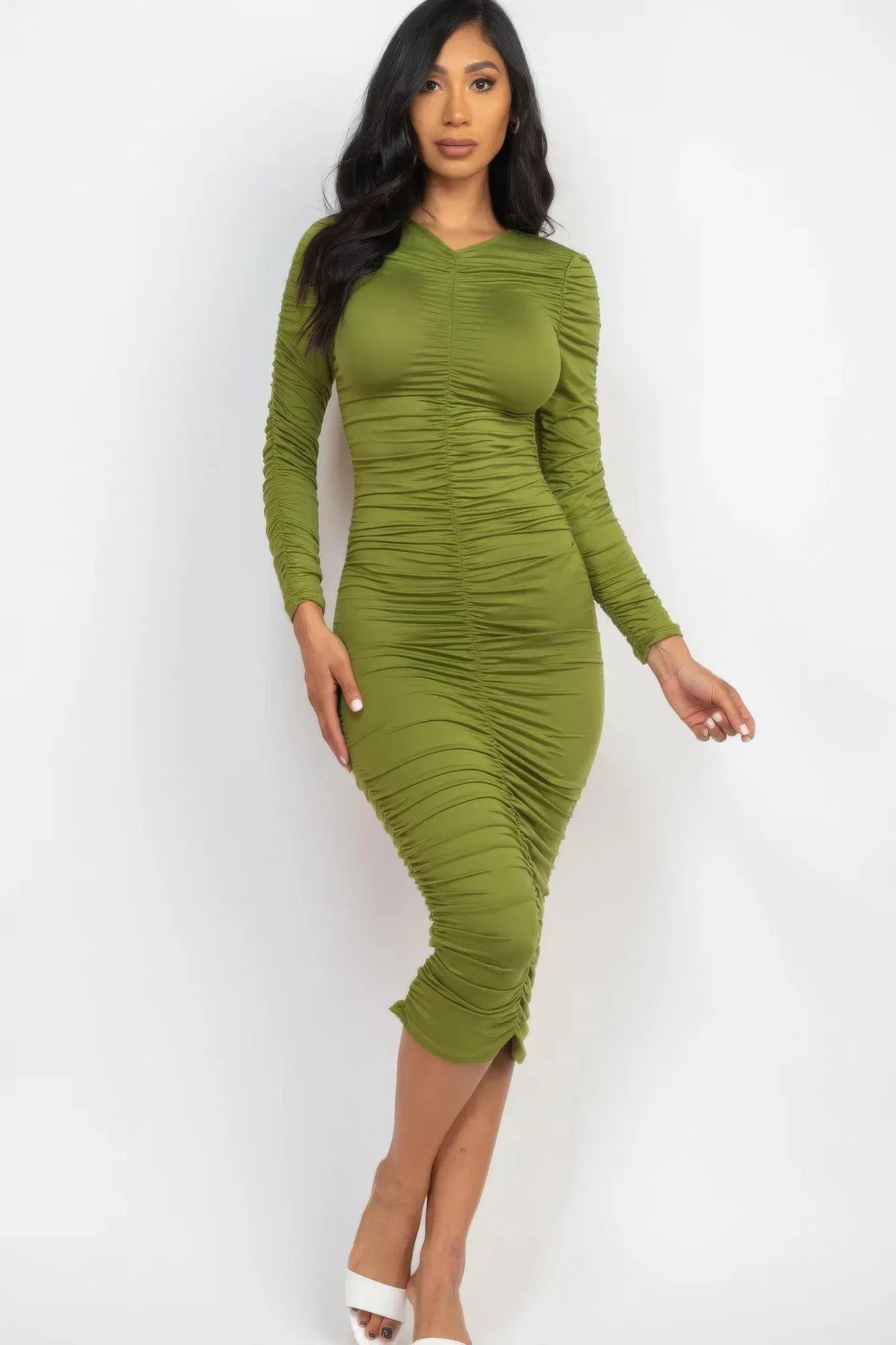 Long Sleeve Ruched Midi Dress