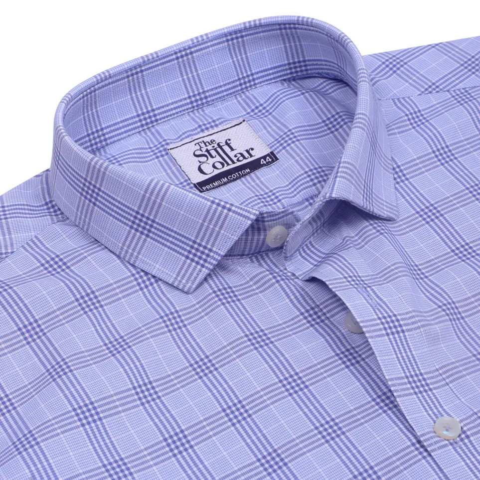 Luthai Storm Blue Glen Plaid Checks Half Sleeve 2 Ply Giza Cotton Shirt