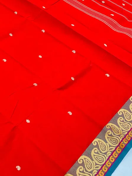 Mesmerizing Red Color Pure Cotton Butta Saree With Mango Border