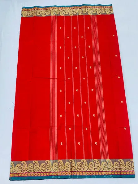 Mesmerizing Red Color Pure Cotton Butta Saree With Mango Border