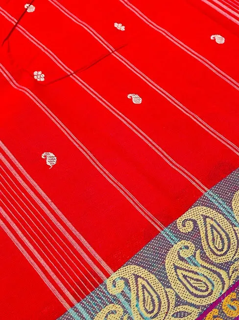 Mesmerizing Red Color Pure Cotton Butta Saree With Mango Border