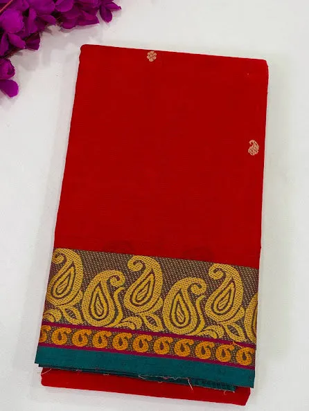 Mesmerizing Red Color Pure Cotton Butta Saree With Mango Border